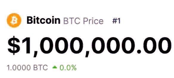 The image displays a Bitcoin price ticker showing BTC at $1,000,000.00 with a 1.0000 BTC holding and 0.0% change, visually illustrating the post's bullish claim that Bitcoin will reach the $1 million price milestone.