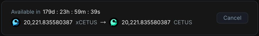 A dark cryptocurrency countdown banner reading 'Available in 179d : 23h : 59m : 39s', showing a token migration from '20,221.835580387 xCETUS' to '20,221.835580387 CETUS' with a 'Cancel' button on the right.