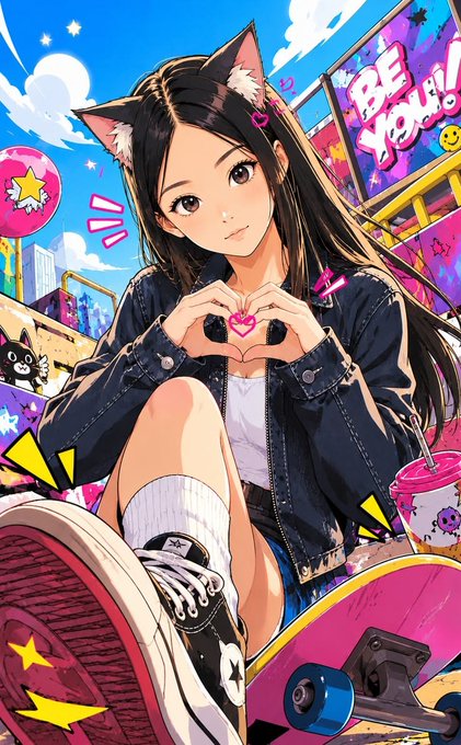 An anime-style girl with cat ears makes a heart shape with her hands while sitting on a skateboard, accompanied by a "BE YOU!" sign and cheerful graphics. The vibrant, self-expressive scene mirrors the message's encouragement to embrace individuality and show support through positive vibes.