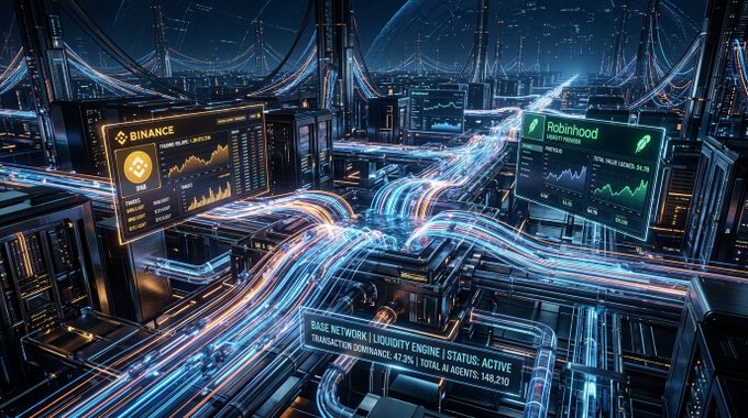 A futuristic digital illustration depicting a financial network with glowing data streams connecting nodes, featuring screens labeled 'BINANCE' and 'Robinhood' alongside text reading 'BASE NETWORK | LIQUIDITY ENGINE | STATUS: ACTIVE', 'TRANSACTION DOMINANCE: 67.2% | TOTAL AI AGENTS: 148,210'.