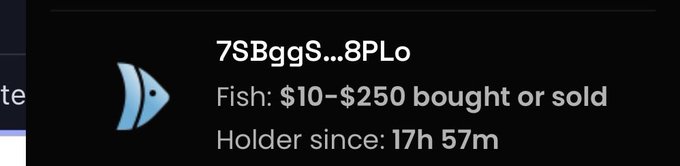 Trading alert notification for wallet address 7SBggS...8PLo showing a Fish token transaction where $10–$250 was bought or sold, with holder duration of 17h 57m.