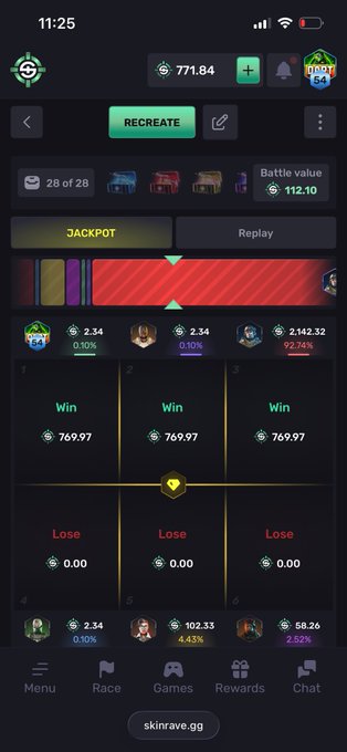 A screenshot of the skinrave.gg jackpot gambling interface shows a "JACKPOT" game result with a battle value of 112.10 and three winning slots displaying 769.97 coins each, with the player (UNREAL64) having contributed 2.34 coins for a 0.10% chance. The screenshot illustrates the post's celebration of ending the night with a gambling win on skinrave.gg, which the user is thanking and promising to tip 0.2 SOL to in the morning.