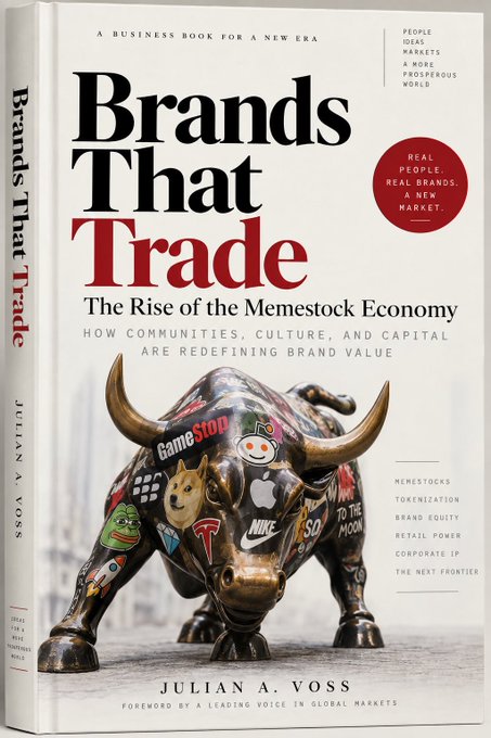 The cover of the book "Brands That Trade: The Rise of the Memestock Economy" by Julian A. Voss, featuring a Charging Bull sculpture covered in logos like GameStop, Apple, and Nike.
