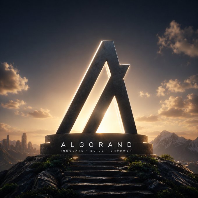 A stylized monument featuring the Algorand logo sits atop a rocky hill with the text 'ALGORAND - INNOVATE • BUILD • EMPOWER' at sunset.