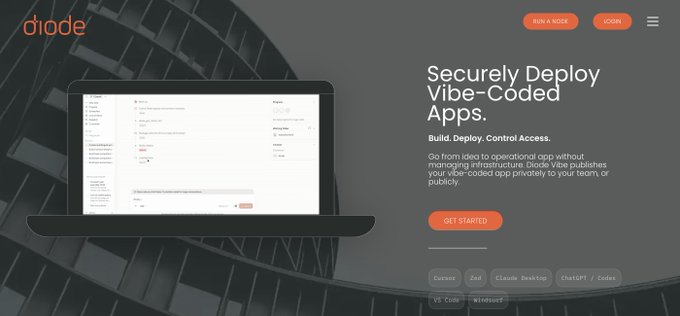 The Diode website landing page with the headline 'Securely Deploy Vibe-Coded Apps' and a 'GET STARTED' button, shown alongside a laptop displaying app interfaces.