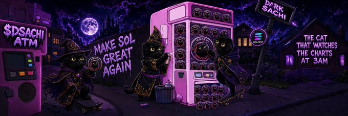 Illustration of cartoon black cats in wizard attire surrounding a $DSACHI vending machine, with signs reading 'MAKE SOL GREAT AGAIN' and 'THE CAT THAT WATCHES THE CHARTS AT 3AM'.