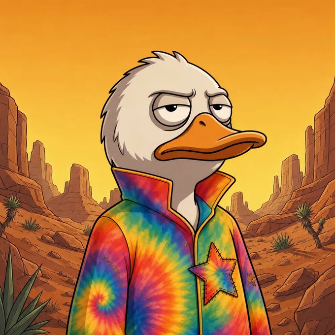 A cartoon illustration of a white duck with a grumpy expression wearing a tie-dye shirt with a star patch, standing in a desert landscape.