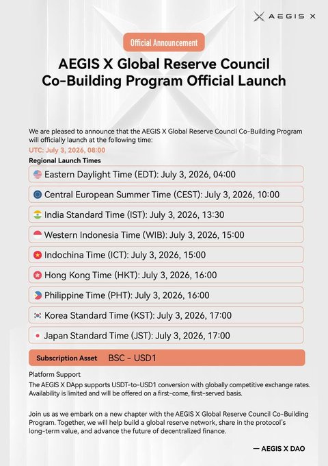 The image is an official announcement from AEGIS X DAO detailing the launch of the AEGIS X Global Reserve Council Co-Building Program on July 3, 2026, displaying regional launch times across 10 time zones (EDT, CEST, IST, WIB, ICT, HKT, PHT, KST, and JST) along with subscription details for the BSC - USD1 asset, which complements the accompanying post's message about joining a global decentralized finance initiative.