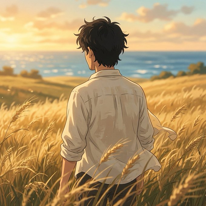 An anime-style illustration shows a young man with dark, tousled hair wearing a white button-up shirt, standing with his back to the viewer in a golden wheat field at sunset, gazing out at the ocean.