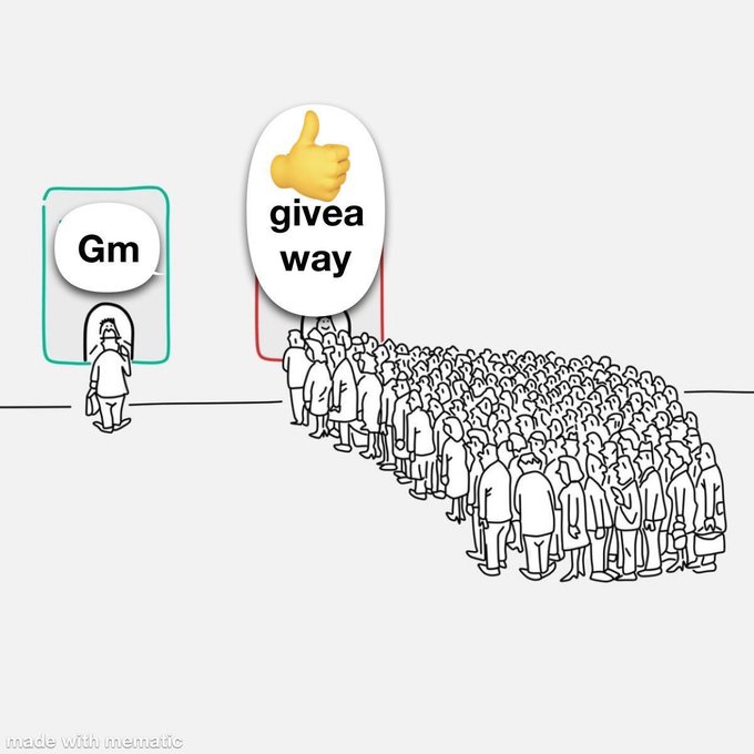 A black and white meme illustration showing a single person on the left saying 'Gm' in a green box, while a massive crowd of people on the right follows a larger person giving a thumbs up with the text 'givea way'. The image is credited 'made with mematic' in the bottom left.