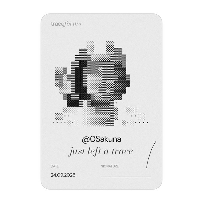 A traceforms digital card titled '@OSakuna just left a trace' with a halftone pixel-art flame design, dated 24.09.2026.