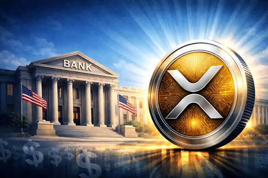 A golden XRP coin with the "X" symbol is displayed alongside a classical-style bank building labeled "BANK," with American flags and dollar signs integrated into the scene. The image visually reinforces the post's claim about banks adopting XRP for large-scale use, juxtaposing the cryptocurrency with traditional banking imagery to suggest a convergence of digital assets and conventional finance.