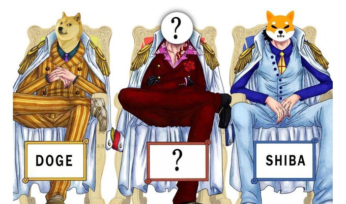 An anime-style illustration shows three seated characters with dog heads—Doge on the left, Shiba on the right, and a third figure in red with a question mark replacing its head in the middle.