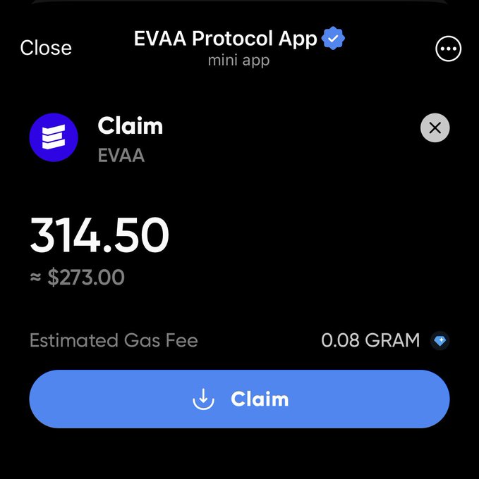 The image shows the EVAA Protocol App displaying a claim of 314.50 EVAA tokens (~$273.00) with an estimated gas fee of 0.08 GRAM, illustrating the "monthly stimmy" reward referenced in the post about TON paying out to users.