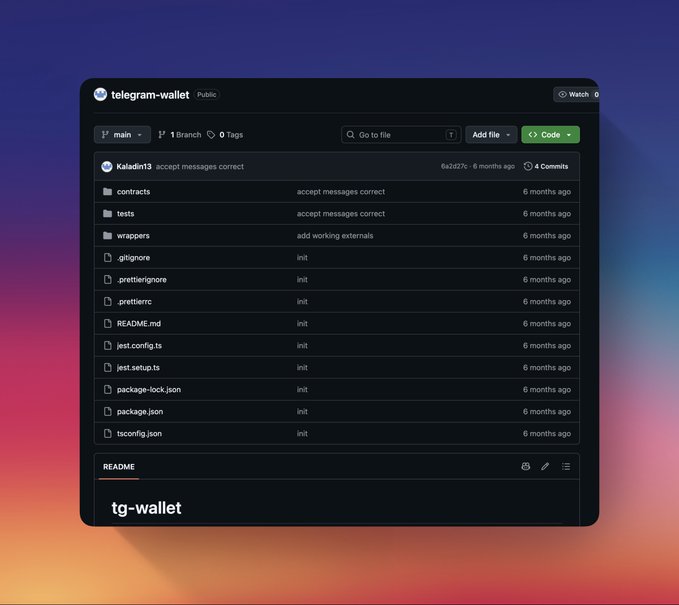 A screenshot of a GitHub repository page for "telegram-wallet" (public, main branch) showing commit history by user "kaladin13" with the message "accept messages correct," including various files like contracts, tests, wrappers, and configuration files. The image relates to the post about Telegram founder Pavel Durov's announcement of a native non-custodial Gram wallet, showcasing code exploration of the wallet's underlying structure on the TON blockchain.