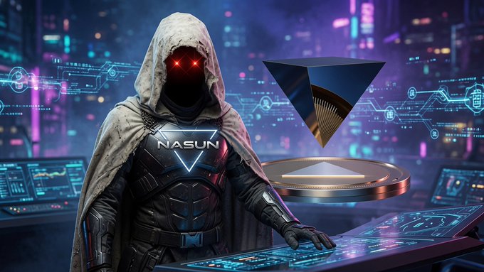 A futuristic hooded figure with glowing red eyes and the 'NASUN' logo on its chest, standing at a tech console with a geometric triangular hologram nearby.
