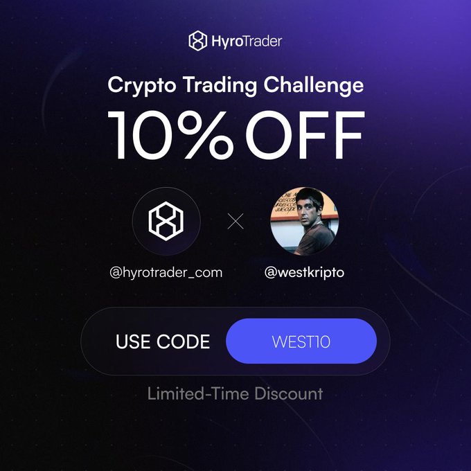 A purple promotional graphic for 'HyroTrader Crypto Trading Challenge' offering '10% OFF' with the code 'WEST10', featuring the @hyrotrader_com and @westkripto profiles.