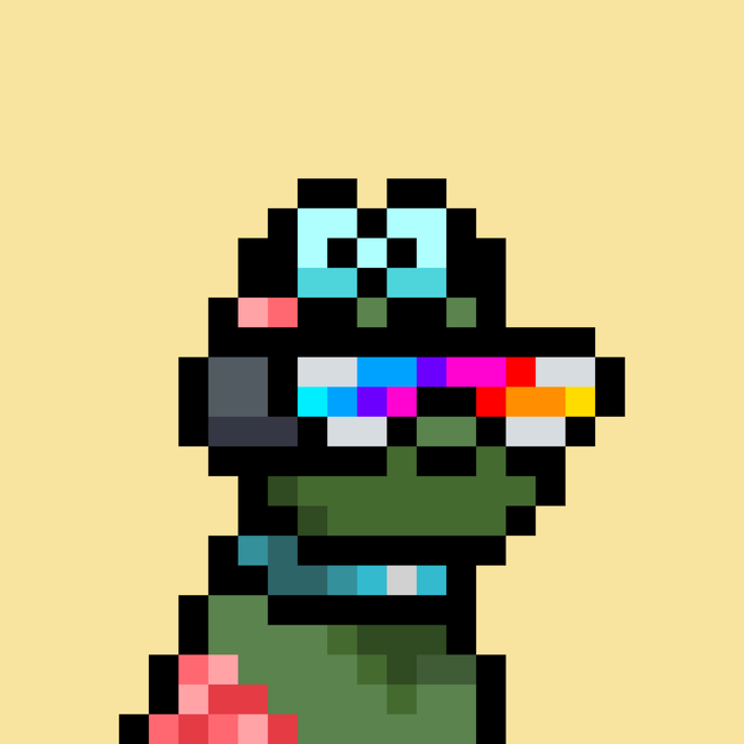 A pixel art illustration of a green cartoon dog with large blue eyes and a rainbow-colored tongue, set against a pale yellow background, reflecting the playful, retro-style aesthetic of the "Do Only Good Everyday" (D.O.G.E.) Doginal Dogs NFT project.