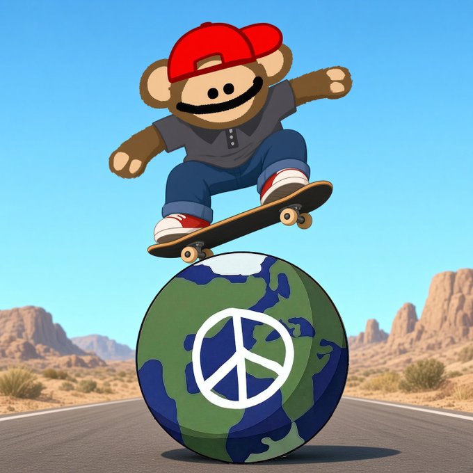 A cartoon monkey wearing a red cap performs a skateboard trick atop a globe painted with a peace symbol, set against a desert highway and blue sky, embodying the post's theme of "elevated vibes only" with carefree, high-energy stoke.