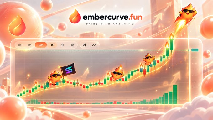 A stylized promotional graphic for "embercurve.fun" features the tagline "PAIRS WITH ANYTHING" alongside a flame logo, with the domain name displayed prominently at the top. Below, a crypto-style trading chart shows an upward-trending line with cute flame mascots wearing sunglasses holding a Solana (SOL) flag, visually connecting the $EMBER token announcement to its trading pair potential on Solana.