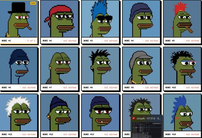 The image shows a grid of 15 Pepe the Frog character variations with different hairstyles, hats, and accessories, labeled "HOME #1" through "HOME #15," with #1 marked as "1 of 1" and the rest labeled "not minted." The post promotes a 5x free mint of Engmi NFTs, suggesting the image is a preview of available Pepe character designs to be minted as NFTs.