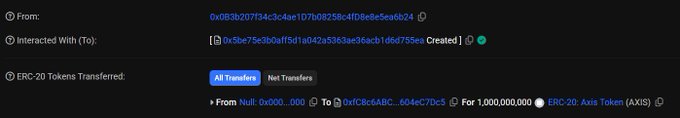 Etherscan-style blockchain transaction record showing an ERC-20 token transfer of 1,000,000,000 AXIS Token (AXIS) sent from address Null to another wallet.