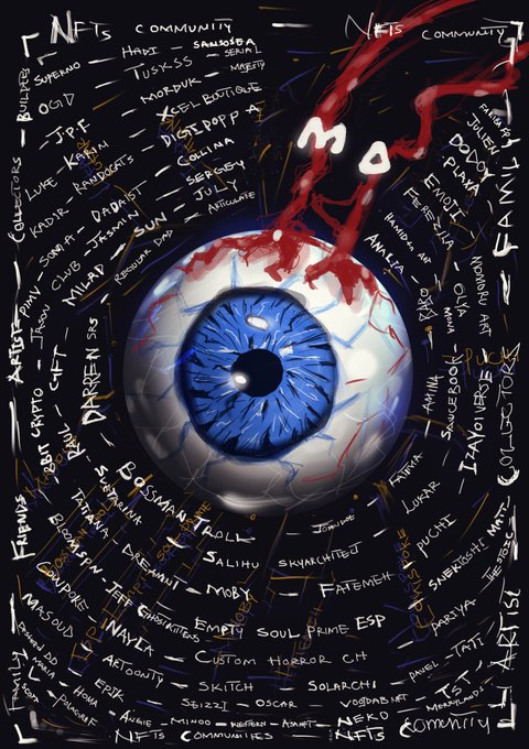 A digital artwork featuring a large blue and white eye with red accents resembling a wound, surrounded by the words "NFTS COMMUNITY" and numerous contributor names in handwritten-style text on a dark background.
