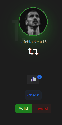This image shows the username "safcblackcat13" highlighted as a winner, likely correlating with the accompanying post about a $350 BTC giveaway. The "Valid" button below the username suggests the user has passed a verification check for the giveaway.