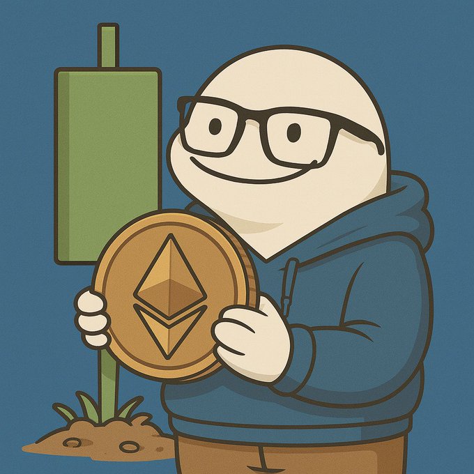 A cartoon character wearing glasses and a blue hoodie holds a large Ethereum coin in front of a green Ethereum sign.