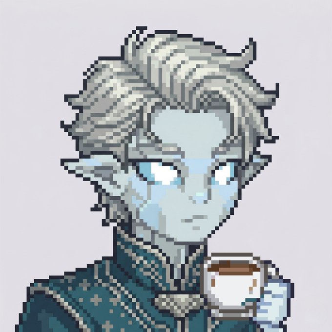 A pixel art illustration depicts a pale, silver-haired character with blue accents holding a small coffee cup.