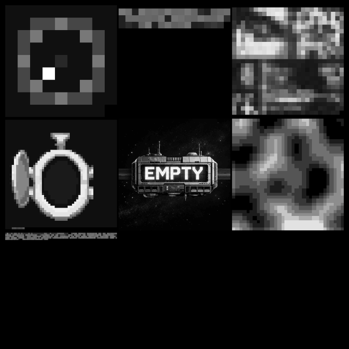 A collage of pixel art images on a black background includes an open safe labeled "EMPTY," alongside various other grainy, low-resolution grayscale graphics.