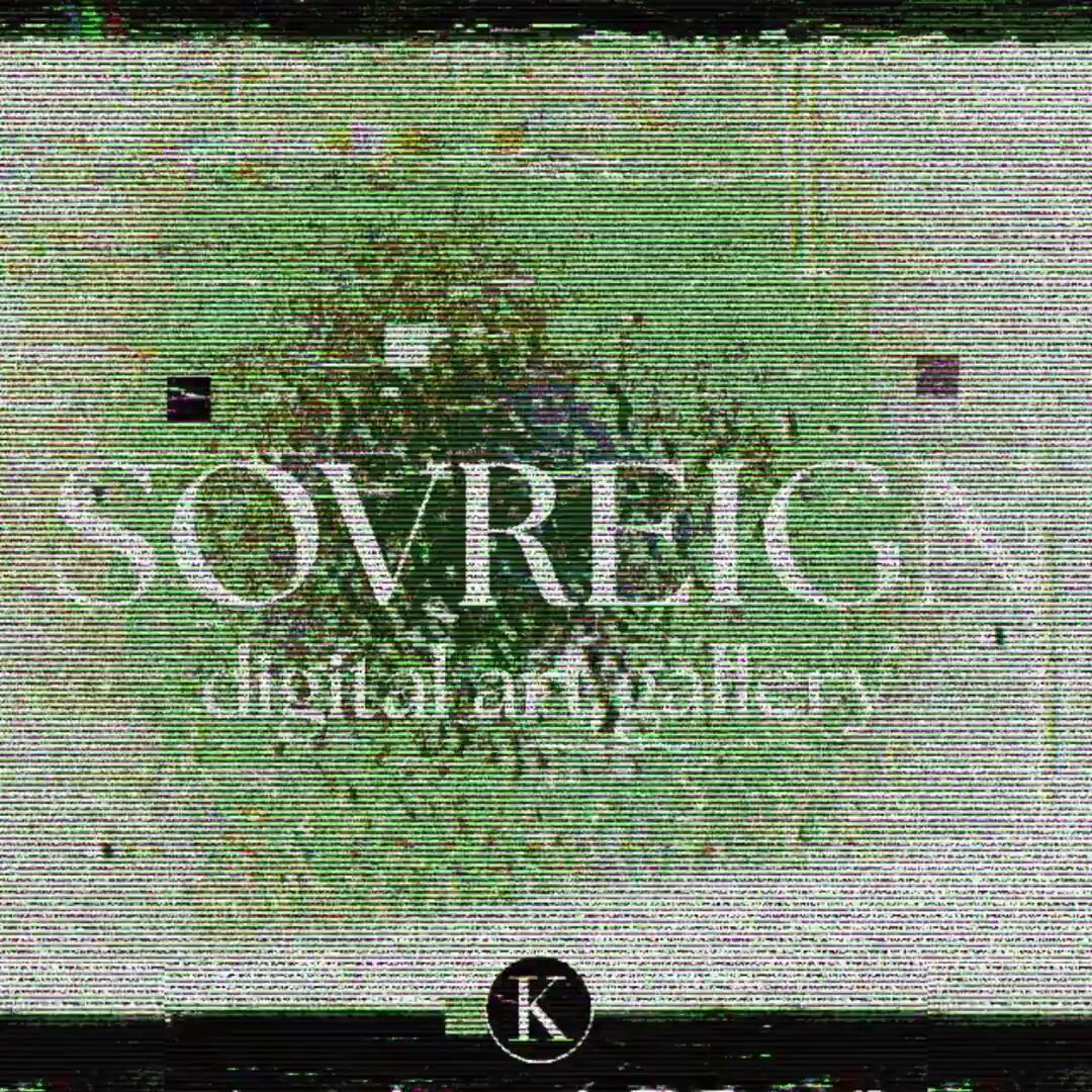 The image features a green background with white text that reads "SOVREIGN DIGITAL ART GALLERY 246 artists 306 artworks 284 collectors Visit the gallery : objkt.com/galleries/sovr". The text appears to be in a faded or blurry state, which adds an artistic and vintage feel to the image.