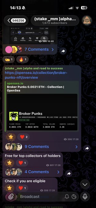 The image shows a Telegram post from "stake_mmlpha" (1,673 subscribers) sharing a link to a JopenSea collection page for "Broker Punks," displaying floor price data of 0.0021 ETH (2,6639 ETH total volume, 2.3K owners) at $55. The free mint promotion with a current $55 floor price illustrates the post's claim about a successful early opportunity that has since gained significant value.
