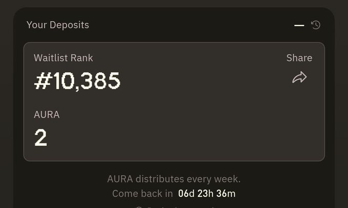 A screenshot of a deposits page showing a 'Waitlist Rank' of '#10,385' and 'AURA 2', with text indicating 'AURA distributes every week. Come back in 06d 23h 36m'.