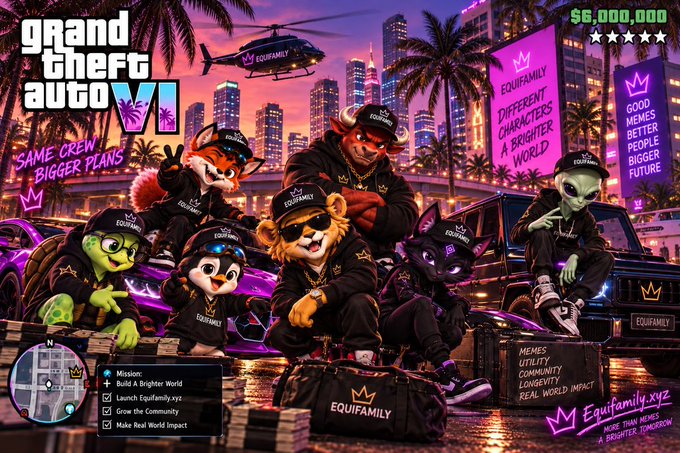 A Grand Theft Auto VI-style promotional poster titled 'Grand Theft Auto VI' featuring animal characters including a fox, bear, husky, alien, and black cat, with 'EQUIFAMILY' branding, '$6,000,000' and mission objectives listed on the side.