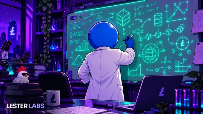 An illustrated scene of a blue-headed scientist in a lab coat writing equations and charts on a chalkboard, with a laptop displaying the Lester Labs logo, a rooster figurine, and beakers on the desk.