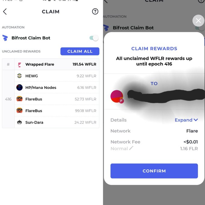 Screenshot of the Bifrost Wallet showing a claim of 191.54 WFLR in rewards via the Flare network, including itemized contributions like HEWG (9.22), HP/Mana Nodes (6.16), and multiple FlareBus entries, with a confirmation screen indicating a minimal network fee of <$0.01 on the Flare chain.