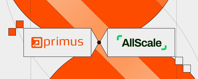 A promotional graphic showing a partnership between Primus and AllScale, with both company logos displayed in white rectangular boxes against an orange geometric background.