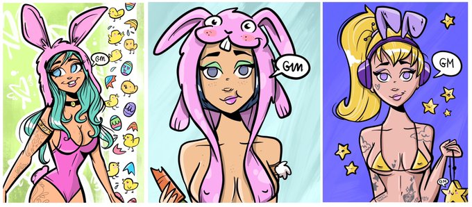 Three illustrated cartoon-style women wearing bunny ear hoods and revealing outfits, with speech bubbles reading 'GM' against colorful patterned backgrounds.