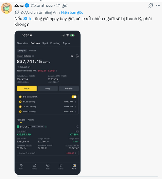 A translated Vietnamese social media post asks if many people would liquidate their positions if BTC pumped immediately, showing a screenshot of a crypto trading app with an 837,741.15 USDT Margin Balance and a +7.46% ROI on a BTCUSDT position.