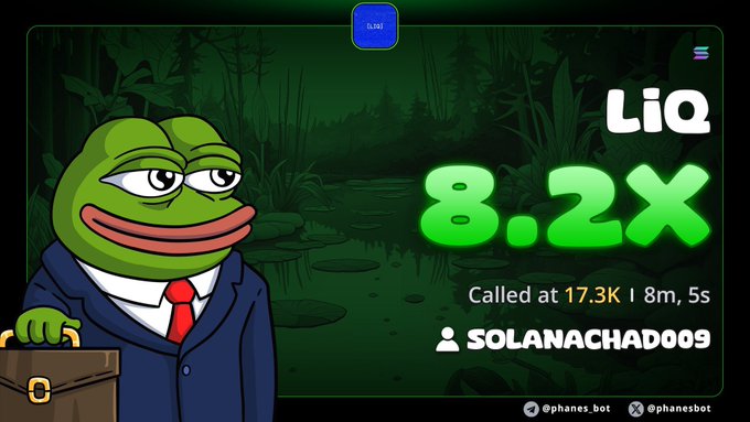 A digital graphic featuring the Pepe frog character in a suit holding a briefcase, with text showing 'Liq 8.2x' and 'Called at 17.3K | 8m, 5s' by user 'SOLANACHAD009', branded by @phanes.bot.
