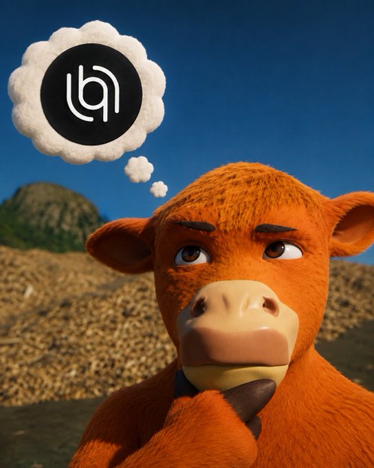 A 3D render of an orange cow character looking thoughtfully into the distance, with a thought bubble above its head containing a black circle with a stylized white 'h' logo, set against a beach and mountain background.