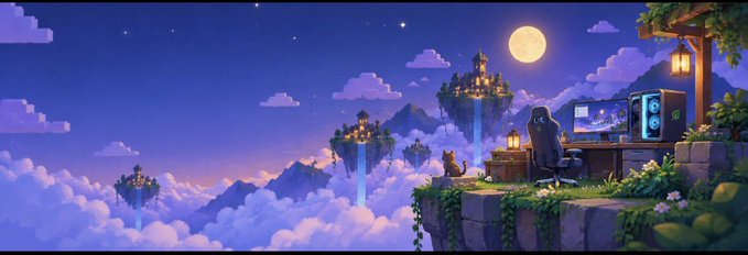 A pixel art illustration of a person sitting at a gaming PC setup on a cliff overlooking floating islands and castles under a starry night sky with a full moon.