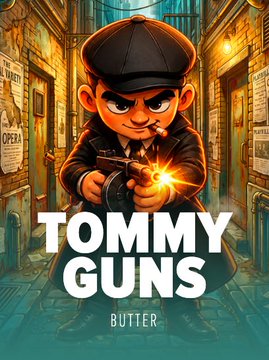 The image features a stylized cartoon illustration of a boy in a flat cap and trench coat firing a Tommy gun in a gritty alleyway setting, with the bold text "TOMMY GUNS" and "BUTTER" displayed at the bottom. It serves as promotional imagery for a giveaway celebrating the Tommy Guns game, available on Roobet and Stake, with participants asked to like, repost, and follow for a chance to win $250.