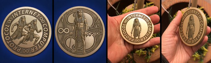 Four views of bronze and silver commemorative coins labeled 'PROTOCOL INTERNET COMPUTER' featuring various mythological figures.