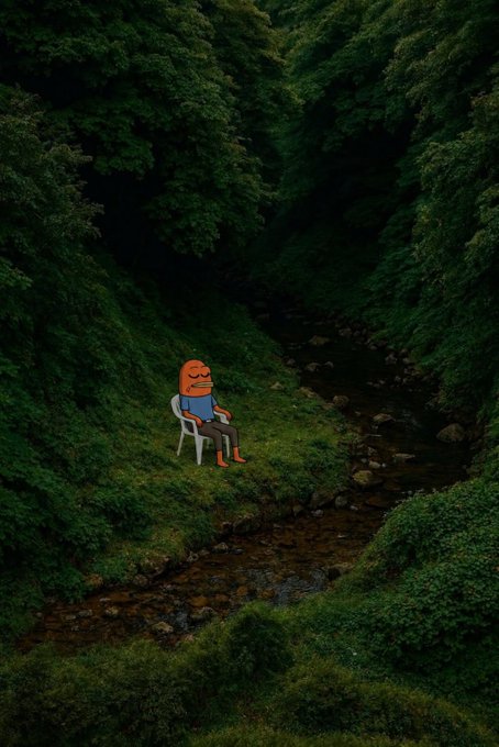 An artistic composite image showing a 2D cartoon character with an orange hood and blue shirt sitting on a white plastic chair in a lush, dark green forest ravine with a small stream.