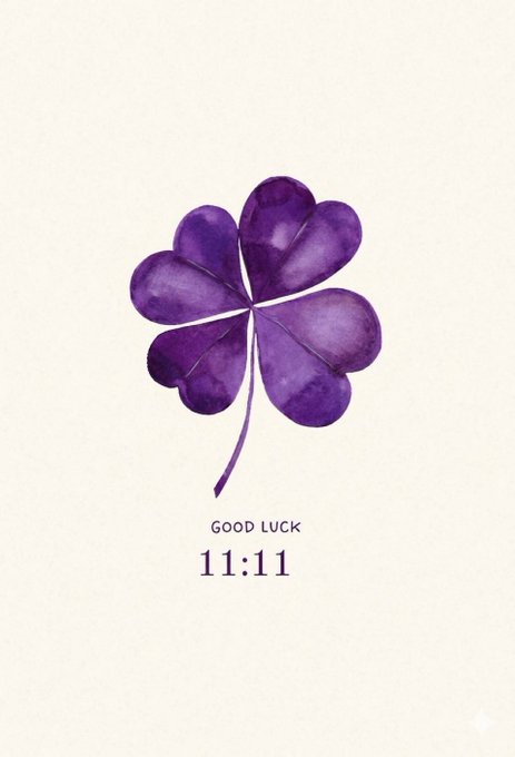 A watercolor illustration of a four-leaf clover in deep purple tones is centered on a cream background, with the text "GOOD LUCK" and "11:11" displayed beneath it. The four-leaf clover and the angelic number 11:11 both serve as traditional symbols of good fortune, visually reinforcing the caption's message of manifesting good luck.