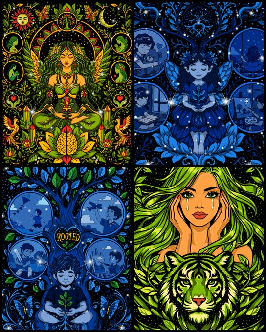 A four-panel illustration in a stylized art nouveau style, featuring green and blue themes with nature motifs, a meditating figure, and the word 'ROOTED' on a tree.