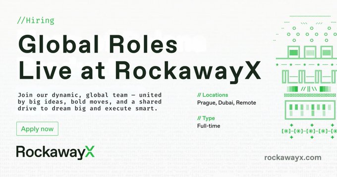 A hiring advertisement for 'RockawayX' announces 'Global Roles Live at RockawayX' with positions in Prague and Dubai, featuring a green line-art illustration of a building.
