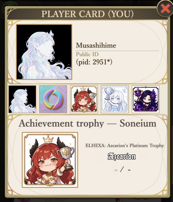 A 'PLAYER CARD (YOU)' interface showing the username 'Musashihime' with a public ID of 2951*, featuring anime-style avatar artwork and an 'Achievement trophy — Soneium' section displaying 'Azcarion's Platinum Trophy'.